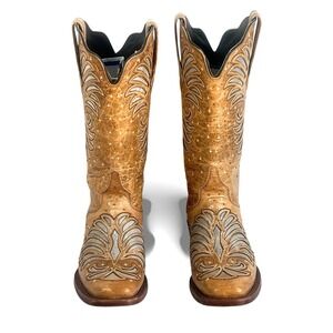 J.B Dillon Beige Brown  Distressed Silver Sparkle Inlay Tall Boot, Size 9 B